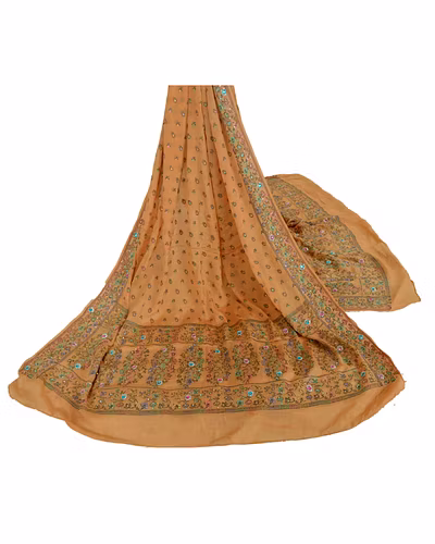 Sanskriti Vintage Dupatta Long Stole Pure Silk Peach Hand Beaded Woven Scarves DC-42453-Peach-Rhinestone Work-Pure Silk-1
