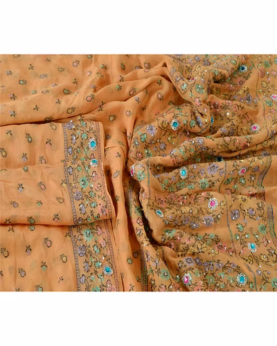 Sanskriti Vintage Dupatta Long Stole Pure Silk Peach Hand Beaded Woven Scarves DC-42453-Peach-Rhinestone Work-Pure Silk-2