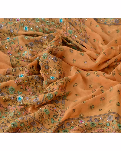 Sanskriti Vintage Dupatta Long Stole Pure Silk Peach Hand Beaded Woven Scarves DC-42453-Peach-Rhinestone Work-Pure Silk-4