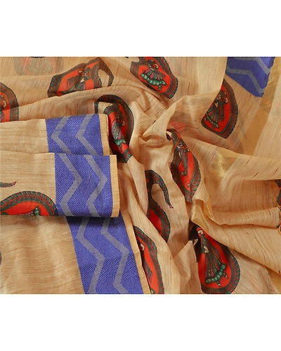 Sanskriti Vintage Dupatta Long Stole Art Silk Cream Shawl Printed Woven Scarves DC-42571-Cream-Printed Work-Art (Artificial) Silk-4