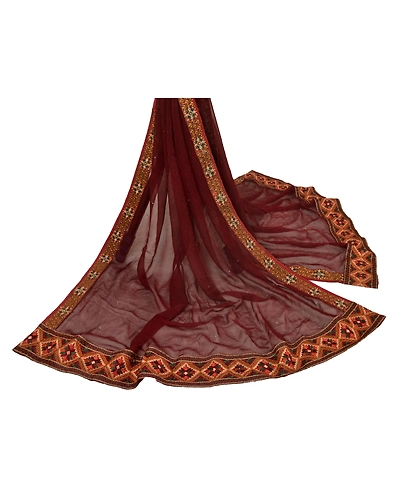 Sanskriti Vintage Dupatta Long Stole Blend Georgette Brown Embroidered Shawl DC-42738-Brown-Patch Work-Blend Georgette-1