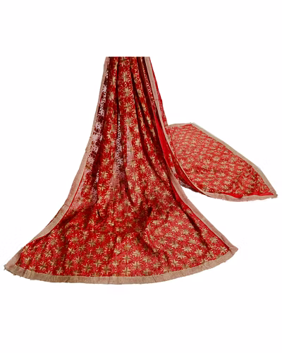 Sanskriti Vintage Dupatta Long Stole Ooak Red Embroidered Bagh Phulkari Shawl DC-42756-Red-Thread Work-Chiffon Silk-2