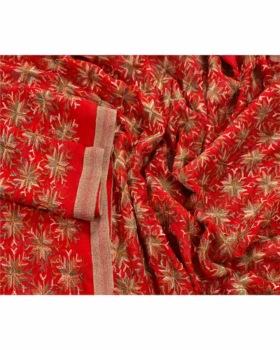 Sanskriti Vintage Dupatta Long Stole Ooak Red Embroidered Bagh Phulkari Shawl DC-42756-Red-Thread Work-Chiffon Silk-3
