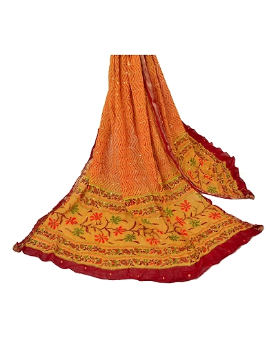 Sanskriti Vintage Dupatta Long Stole Blend Cotton Yellow Hand Embroidered Kantha DC-42781-Yellow-Thread Work-Blend Cotton-1