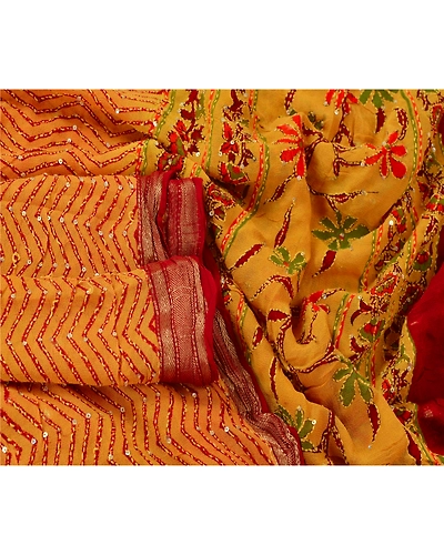 Sanskriti Vintage Dupatta Long Stole Blend Cotton Yellow Hand Embroidered Kantha DC-42781-Yellow-Thread Work-Blend Cotton-2