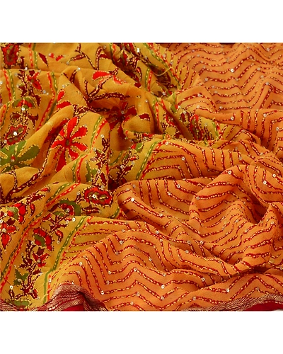 Sanskriti Vintage Dupatta Long Stole Blend Cotton Yellow Hand Embroidered Kantha DC-42781-Yellow-Thread Work-Blend Cotton-4