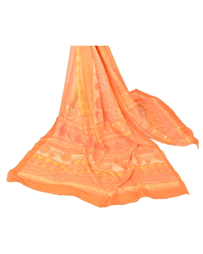 Sanskriti Vintage Dupatta Long Stole Pure Cotton Orange Shawl Printed Wrap Hijab DC-42897-Orange-Printed Work-Pure Cotton-1