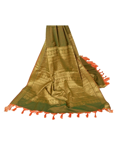 Sanskriti Vintage Dupatta Long Stole Blend Cotton Green Wrap Veil Woven Hijab DC-42978-Green-Woven Work-Blend Cotton-1