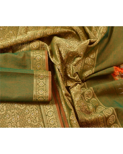 Sanskriti Vintage Dupatta Long Stole Blend Cotton Green Wrap Veil Woven Hijab DC-42978-Green-Woven Work-Blend Cotton-2