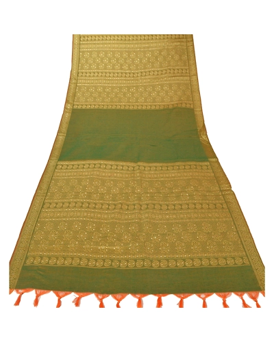 Sanskriti Vintage Dupatta Long Stole Blend Cotton Green Wrap Veil Woven Hijab DC-42978-Green-Woven Work-Blend Cotton-5