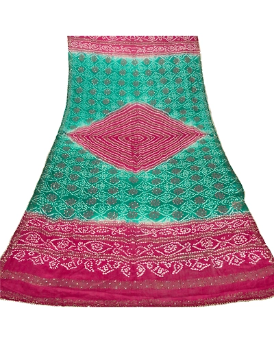 Sanskriti Vintage Dupatta Long Stole Art Silk Green Bandhani Hijab Painted Shawl DC-43131-Green-Bandhani Work-Art (Artificial) Silk-5
