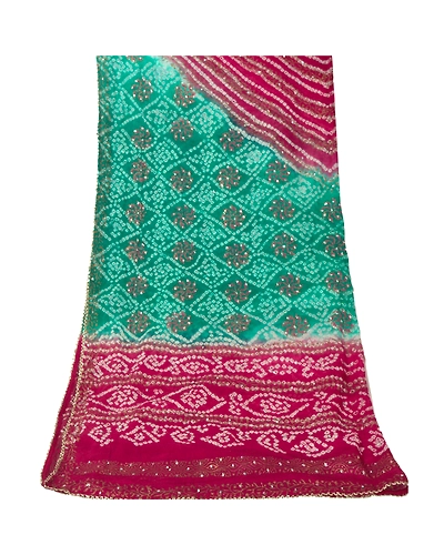 Sanskriti Vintage Dupatta Long Stole Art Silk Green Bandhani Hijab Painted Shawl DC-43131-Green-Bandhani Work-Art (Artificial) Silk-6