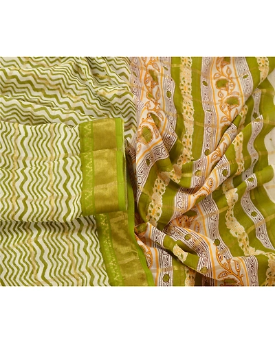 Sanskriti Vintage Dupatta Long Stole Pure Chanderi Cotton Green Printed Scarves DC-43181-Green-Printed Work-Pure Chanderi Cotton-2