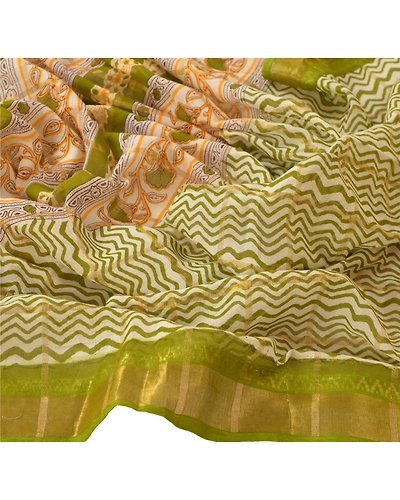 Sanskriti Vintage Dupatta Long Stole Pure Chanderi Cotton Green Printed Scarves DC-43181-Green-Printed Work-Pure Chanderi Cotton-4