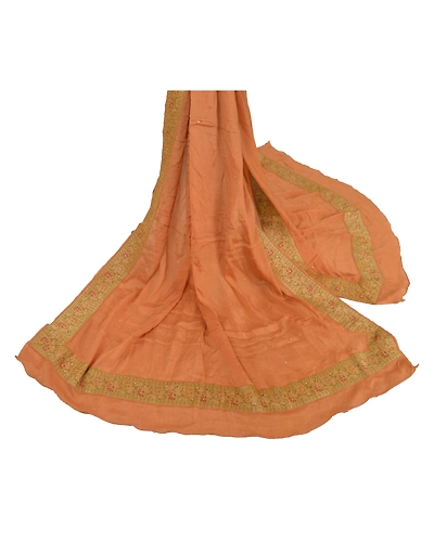 Sanskriti Vintage Dupatta Long Stole Pure Silk Saffron Hand Beaded Wrap Scarves DC-43683-Saffron-Rhinestone Work-Pure Silk-1