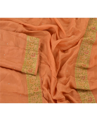 Sanskriti Vintage Dupatta Long Stole Pure Silk Saffron Hand Beaded Wrap Scarves DC-43683-Saffron-Rhinestone Work-Pure Silk-3