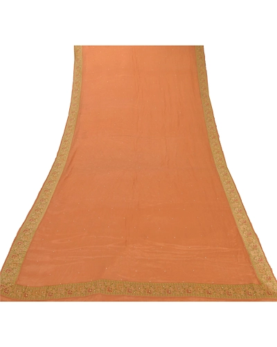 Sanskriti Vintage Dupatta Long Stole Pure Silk Saffron Hand Beaded Wrap Scarves DC-43683-Saffron-Rhinestone Work-Pure Silk-5