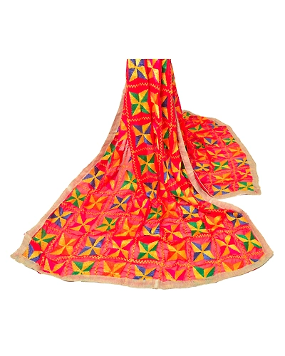 Sanskriti Vintage Dupatta Long Stole Ooak Red Hand Embroidered Bagh Phulkari DC-43703-Red-Thread Work-Chiffon Silk-1