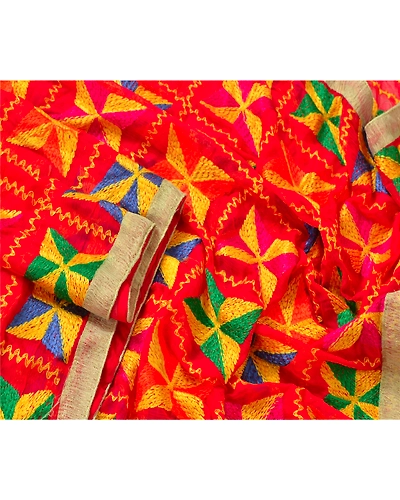 Sanskriti Vintage Dupatta Long Stole Ooak Red Hand Embroidered Bagh Phulkari DC-43703-Red-Thread Work-Chiffon Silk-3