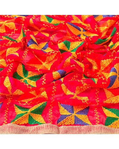 Sanskriti Vintage Dupatta Long Stole Ooak Red Hand Embroidered Bagh Phulkari DC-43703-Red-Thread Work-Chiffon Silk-4