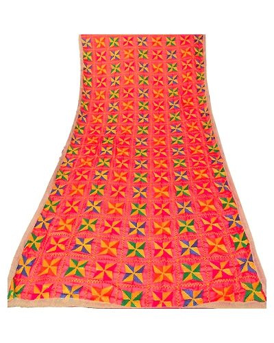 Sanskriti Vintage Dupatta Long Stole Ooak Red Hand Embroidered Bagh Phulkari DC-43703-Red-Thread Work-Chiffon Silk-5