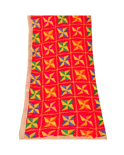 Sanskriti Vintage Dupatta Long Stole Ooak Red Hand Embroidered Bagh Phulkari DC-43703-Red-Thread Work-Chiffon Silk-6