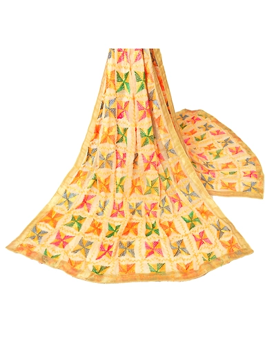 Sanskriti Vintage Dupatta Long Stole Ooak Cream Hand Embroidered Bagh Phulkari DC-43709-Cream-Thread Work-Chiffon Silk-1