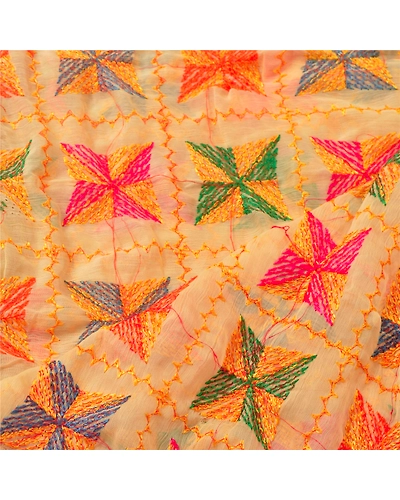 Sanskriti Vintage Dupatta Long Stole Ooak Cream Hand Embroidered Bagh Phulkari DC-43709-Cream-Thread Work-Chiffon Silk-2