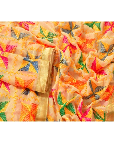 Sanskriti Vintage Dupatta Long Stole Ooak Cream Hand Embroidered Bagh Phulkari DC-43709-Cream-Thread Work-Chiffon Silk-3