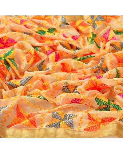 Sanskriti Vintage Dupatta Long Stole Ooak Cream Hand Embroidered Bagh Phulkari DC-43709-Cream-Thread Work-Chiffon Silk-4