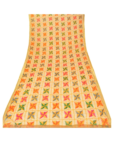 Sanskriti Vintage Dupatta Long Stole Ooak Cream Hand Embroidered Bagh Phulkari DC-43709-Cream-Thread Work-Chiffon Silk-5