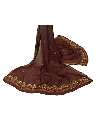 Sanskriti Vintage Dupatta Long Stole Pure Silk Brown Hand Beaded Wrap Scarves DC-43752-Brown-Zardozi/Sequins Work-Pure Silk-1