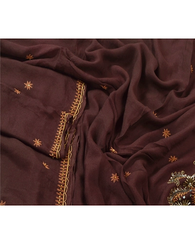 Sanskriti Vintage Dupatta Long Stole Pure Silk Brown Hand Beaded Wrap Scarves DC-43752-Brown-Zardozi/Sequins Work-Pure Silk-3