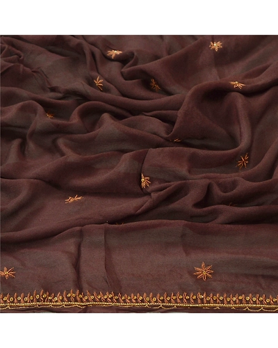 Sanskriti Vintage Dupatta Long Stole Pure Silk Brown Hand Beaded Wrap Scarves DC-43752-Brown-Zardozi/Sequins Work-Pure Silk-4