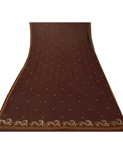 Sanskriti Vintage Dupatta Long Stole Pure Silk Brown Hand Beaded Wrap Scarves DC-43752-Brown-Zardozi/Sequins Work-Pure Silk-5