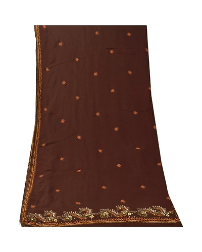 Sanskriti Vintage Dupatta Long Stole Pure Silk Brown Hand Beaded Wrap Scarves DC-43752-Brown-Zardozi/Sequins Work-Pure Silk-6