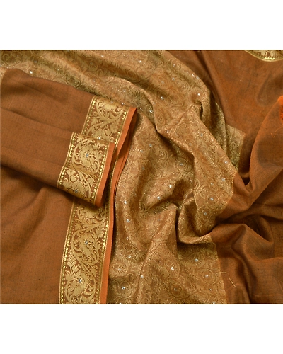 Sanskriti Vintage Dupatta Long Stole Pure Cotton Brown Woven Scarves Shawl Veil DC-43794-Brown-Woven Work-Pure Cotton-2
