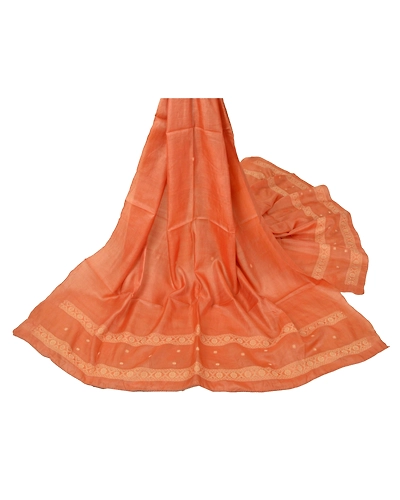 Sanskriti Vintage Dupatta Long Stole Pure Silk Peach Woven Scarves Shawl Veil DC-43810-Peach-Woven Work-Pure Silk-1