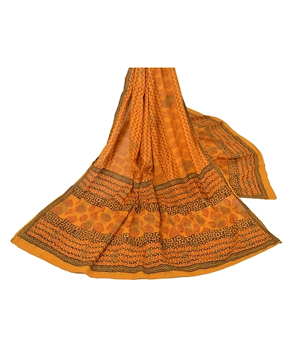 Sanskriti Vintage Dupatta Long Stole Pure Cotton Yellow Block Printed Scarves DC-43819-Yellow-Block Printed Work-Pure Cotton-1