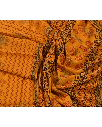 Sanskriti Vintage Dupatta Long Stole Pure Cotton Yellow Block Printed Scarves DC-43819-Yellow-Block Printed Work-Pure Cotton-3
