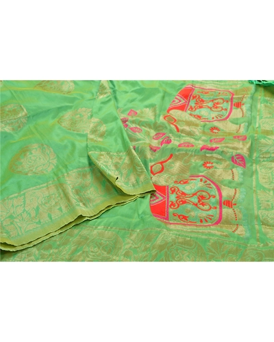 Sanskriti Vintage Dupatta Long Stole Art Silk Green Scarves Woven Brocade Veil DC-44032-Green-Zari Work-Art (Artificial) Silk-3