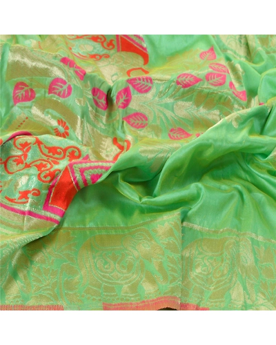 Sanskriti Vintage Dupatta Long Stole Art Silk Green Scarves Woven Brocade Veil DC-44032-Green-Zari Work-Art (Artificial) Silk-4