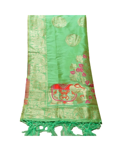 Sanskriti Vintage Dupatta Long Stole Art Silk Green Scarves Woven Brocade Veil DC-44032-Green-Zari Work-Art (Artificial) Silk-6