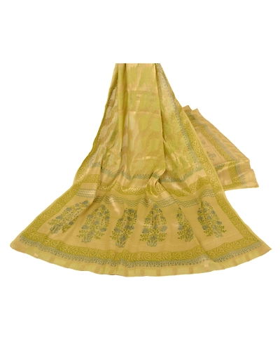 Sanskriti Vintage Dupatta Long Stole Pure Silk Green Woven Scarves Shawl Veil DC-44098-Green-Woven Work-Pure Silk-1