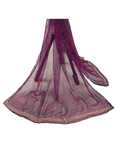 Sanskriti Vintage Dupatta Long Stole Pure Chiffon Silk Veil Hand Beaded Tie-Dye DC-44188-Purple-Zari/Tie-Dye Work-Pure Chiffon Silk-1