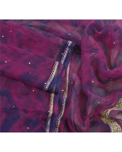 Sanskriti Vintage Dupatta Long Stole Pure Chiffon Silk Veil Hand Beaded Tie-Dye DC-44188-Purple-Zari/Tie-Dye Work-Pure Chiffon Silk-3