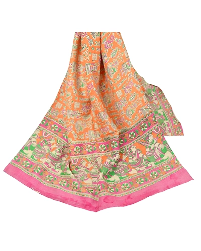Sanskriti Vintage Dupatta Long Stole Handloom Shawl Pattachitra Orange Scarves DC-45067-Orange-Pattachitra Printed Work-Handloom-1