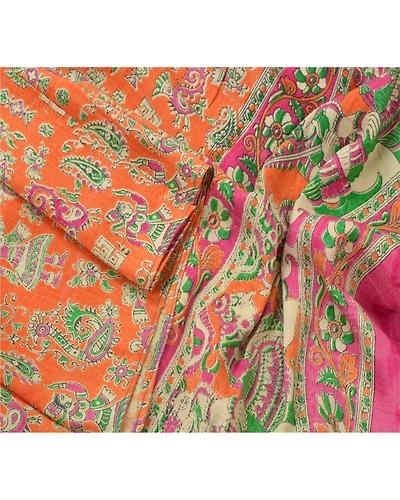 Sanskriti Vintage Dupatta Long Stole Handloom Shawl Pattachitra Orange Scarves DC-45067-Orange-Pattachitra Printed Work-Handloom-2