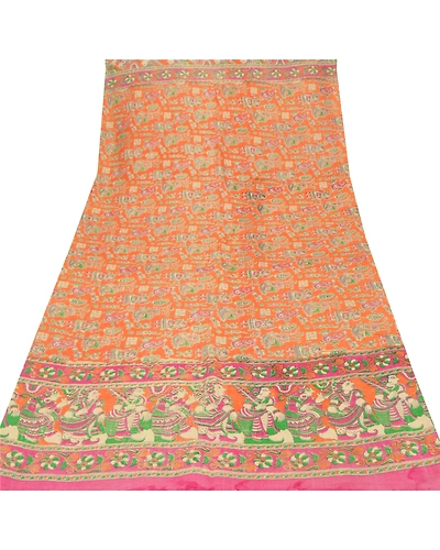 Sanskriti Vintage Dupatta Long Stole Handloom Shawl Pattachitra Orange Scarves DC-45067-Orange-Pattachitra Printed Work-Handloom-5