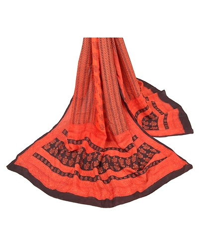 Sanskriti Vintage Dupatta Long Stole Pure Silk Peach Block Printed Scarves Veil DC-45132-Peach-Block Printed Work-Pure Silk-1